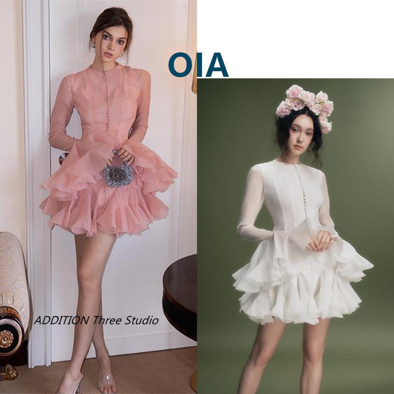 正品 OIA 24新款气质绝美纯色修身喇叭袖荷叶边长袖短款连衣裙女