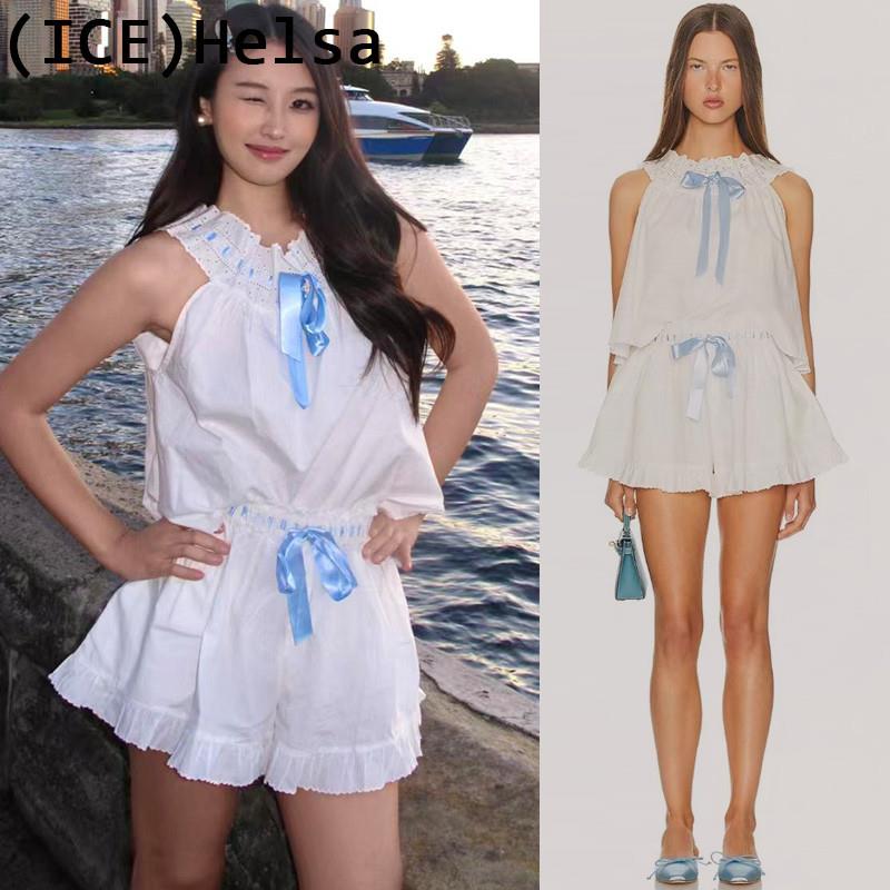 ice买手店正品折扣Helsa蓝色系带白色背心短裤娃娃服套装洋装女