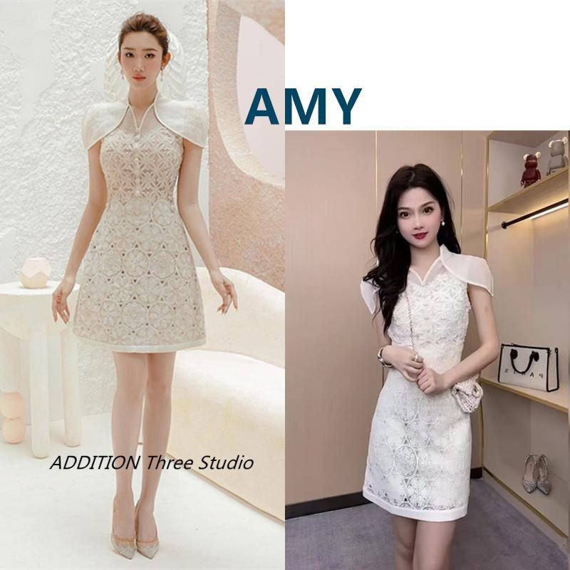 越南小众折扣 AMY 夏款重工蕾丝刺绣镂空花朵修身短款礼服连衣裙