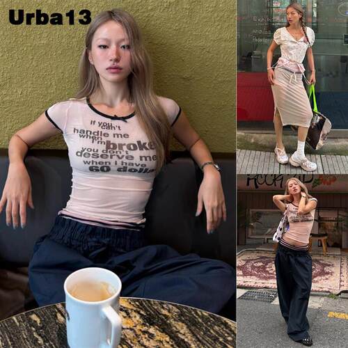 Urba13买手店正品praying短袖美元字母印花网纱微透蝴蝶结上衣