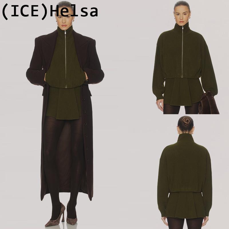 ice买手店美国正品Helsa新款老钱风橄榄绿针织高领夹克短裤裙套装