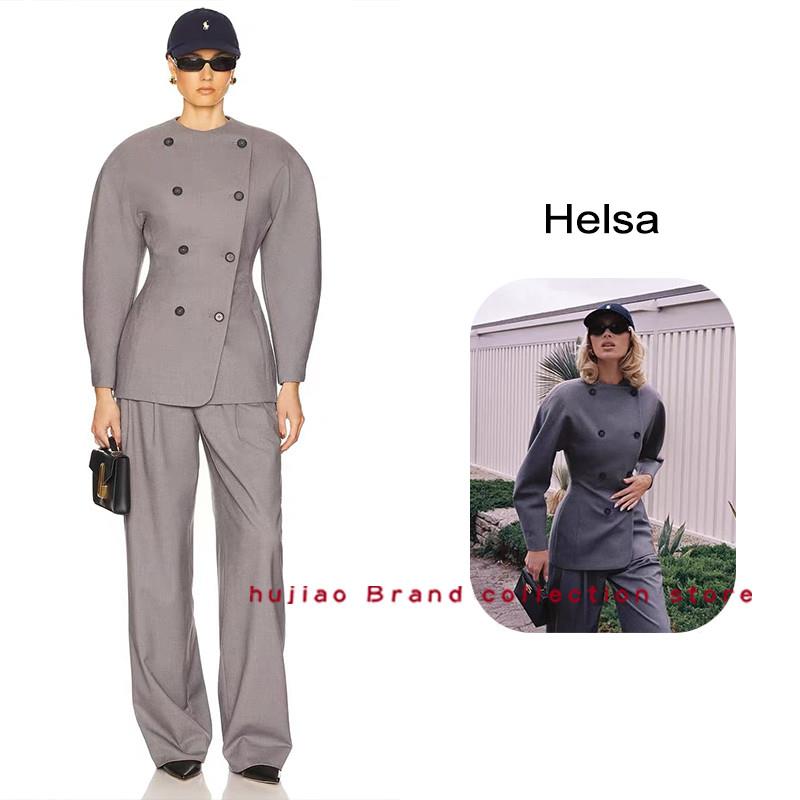煳椒正品 Helsa 新品深灰色圆廓形收腰双排扣中长版西装外套