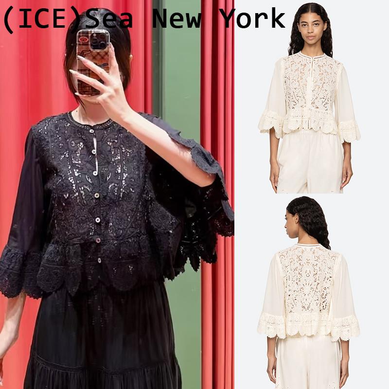 ice买手店正品现货Sea New York衬衫七分袖镂空刺绣蕾丝短版衬衫