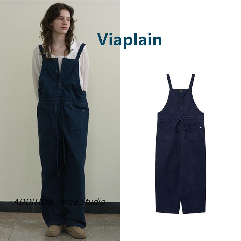 韩国 Viaplain 26春季新款复古减龄工装抽绳休闲直筒背带连体裤女