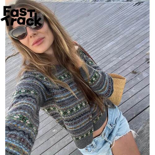 DOEN新款美式度假圆领开衫费尔岛提花针织衫毛衣