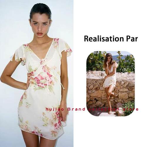 煳椒正品 Realisation 新款复古V领印花收腰显瘦短洋装