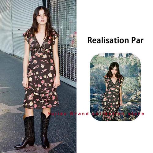 煳椒正品 Realisation 新款蕾丝碎花V领真丝斜裁无袖洋装