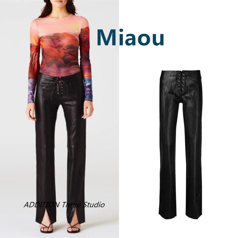 折扣 Miaou 欧美辣妹风高腰显瘦绑带开叉弹力皮裤直筒微喇长裤女