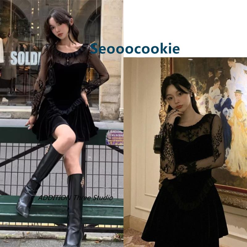 韩国正品 Seooocookie 25春款蕾丝拼接透视丝绒收腰长袖连衣裙女