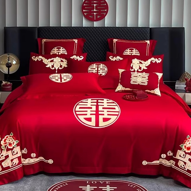红色床盖大红结婚四件套喜庆婚礼床上用品通用床单新婚被套4件套