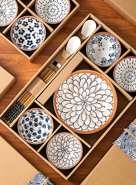 鹿家嘴日式陶瓷碗釉下彩手绘陶瓷餐具开业活动碗套装加印l ogo