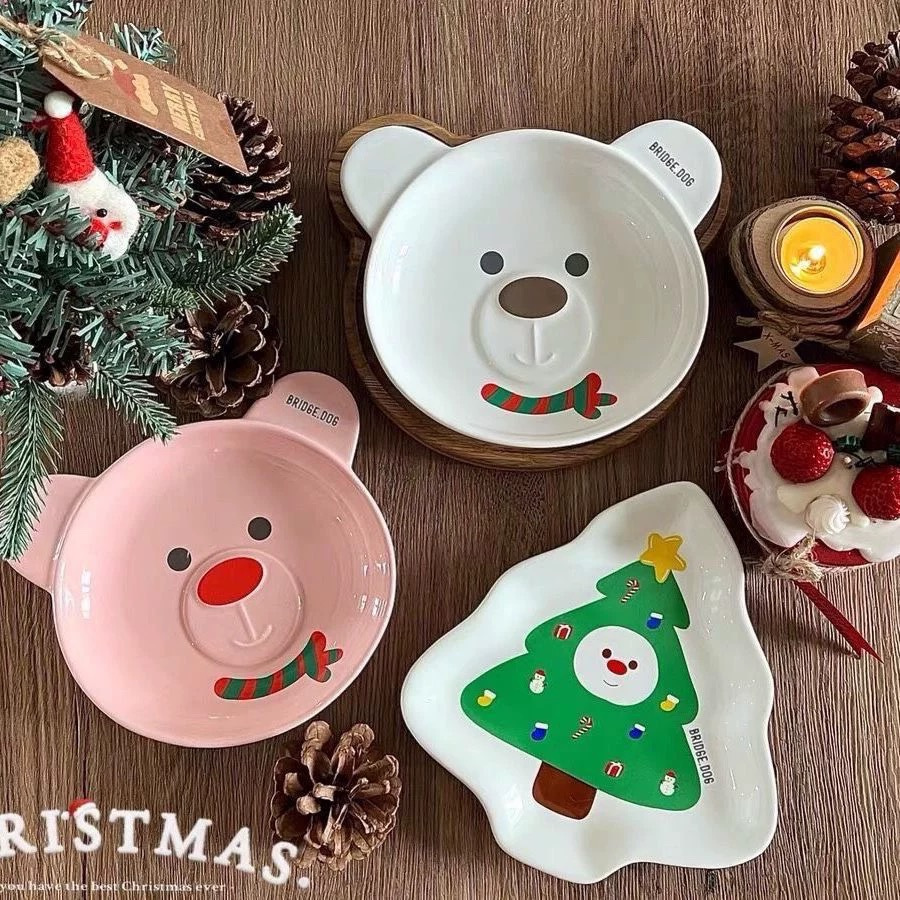 韩国BD圣诞小熊盘卡通可爱碗宠物碗盘防黑下巴宠物碗超萌爱国版