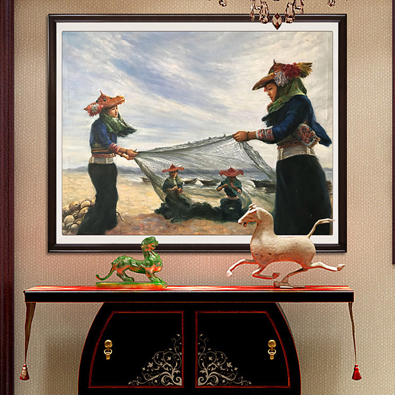 维真手绘油画惠安女挂画现代玄关装饰画闽南人物客厅卧室书房壁画
