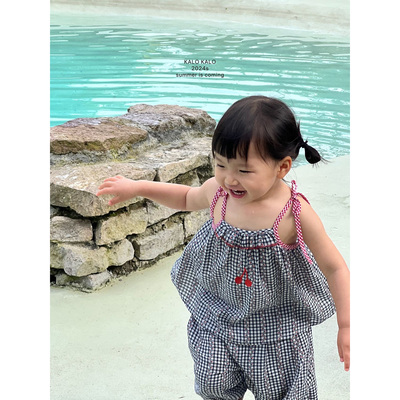 kalokalo原创24s黑白格纹刺绣吊带防蚊裤小月龄A类亲子款轻薄透气