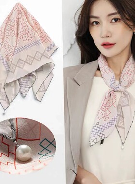 中方巾真丝双绉围巾100%桑蚕丝正方形极简百搭格子波点配饰礼品
