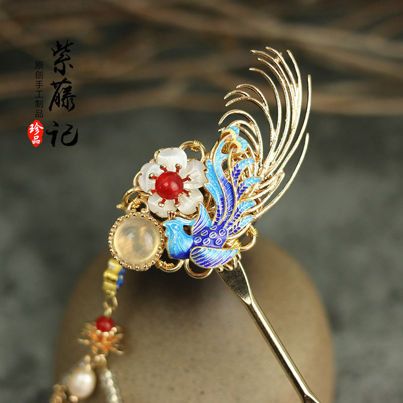 紫藤记 凤挽琴 原创设计景泰蓝烧蓝发簪古风复古中国风汉服旗袍