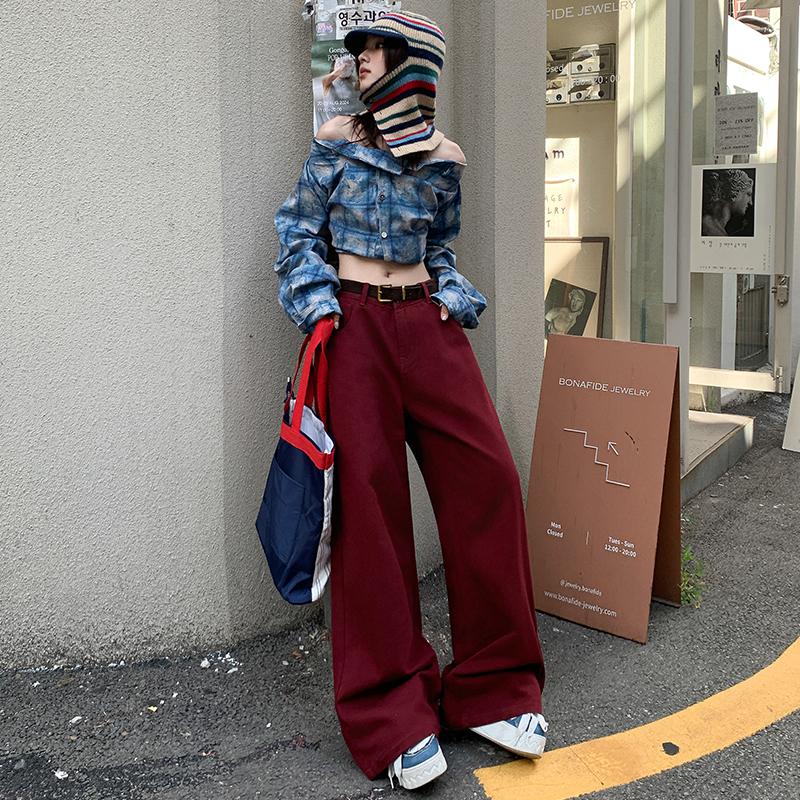 安可拉红高腰显瘦直筒牛仔裤女