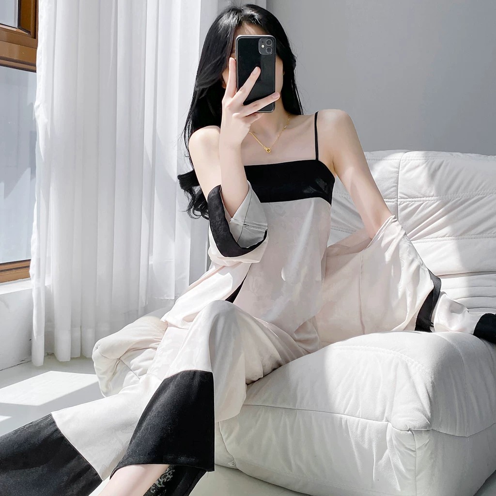冰丝睡衣女春夏三件套家居服夏季女款中式国风吊带性感纯欲风套装