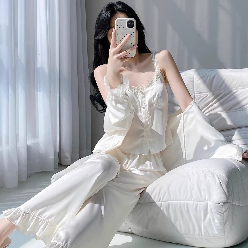 性感纯欲睡衣女2025夏季新款冰丝吊带带胸垫长袖家居服三件套春夏