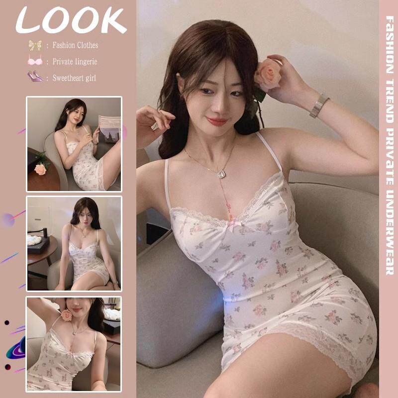 纯欲风甜美小清新碎花吊带睡裙夏季薄款低胸蕾丝边性感包臀短裙女