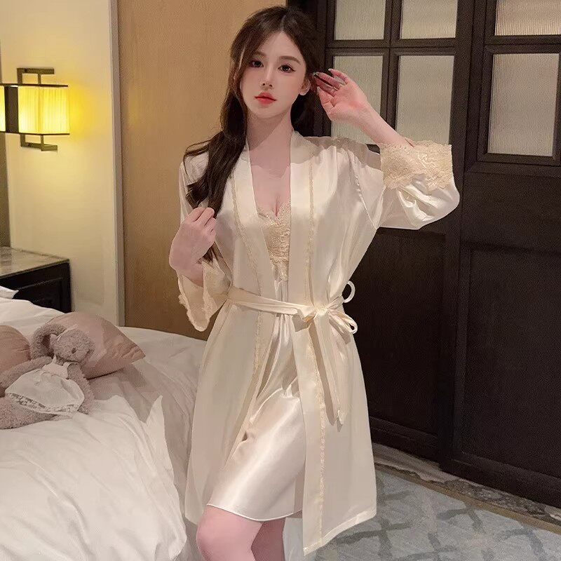 长袖睡袍冰丝吊带装睡衣女款纯欲夏季薄款性感睡裙家居服女士套装