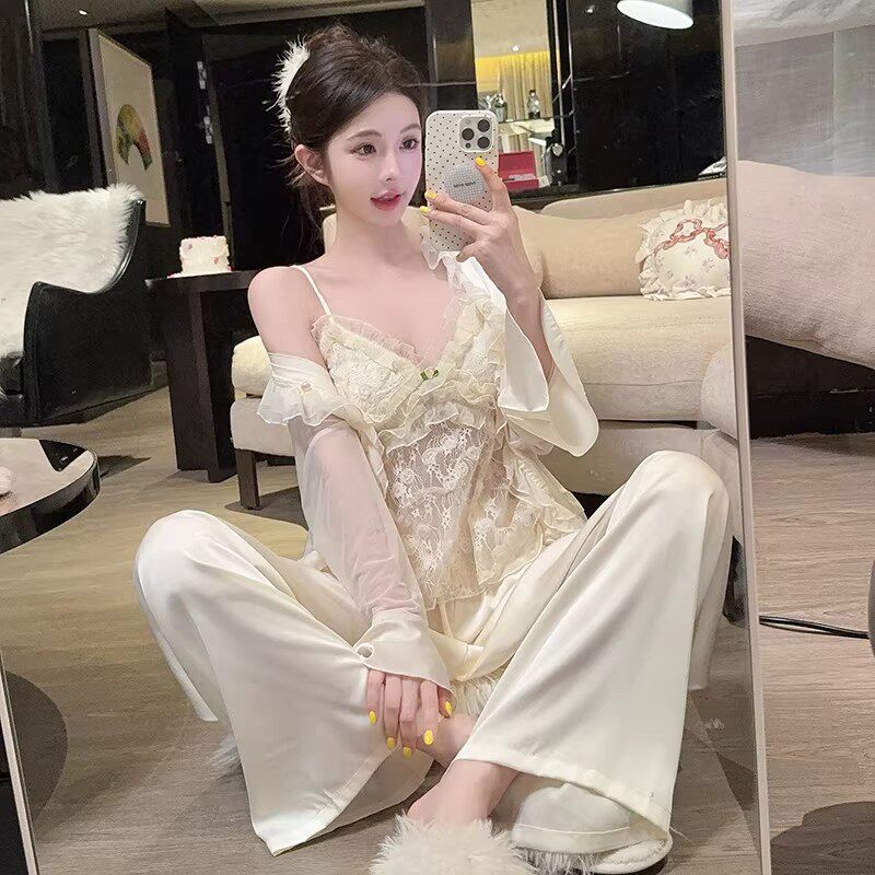 春夏季冰丝睡衣女四件套带胸垫纯欲风性感吊带2025新款蕾丝家居服