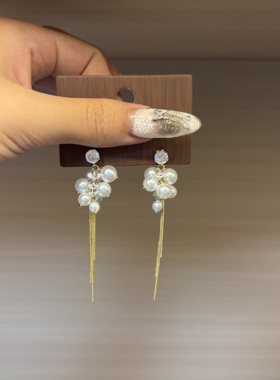 韩版气质微镶菱形长款珍珠流苏耳环女高级感大气网红耳钉银针耳饰