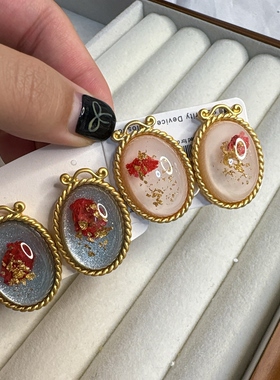 vintage莫奈真花真金箔果冻琉璃耳钉复古宫廷风精致款耳饰