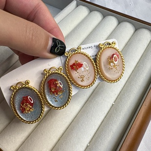 耳饰 vintage莫奈真花真金箔果冻琉璃耳钉复古宫廷风精致款