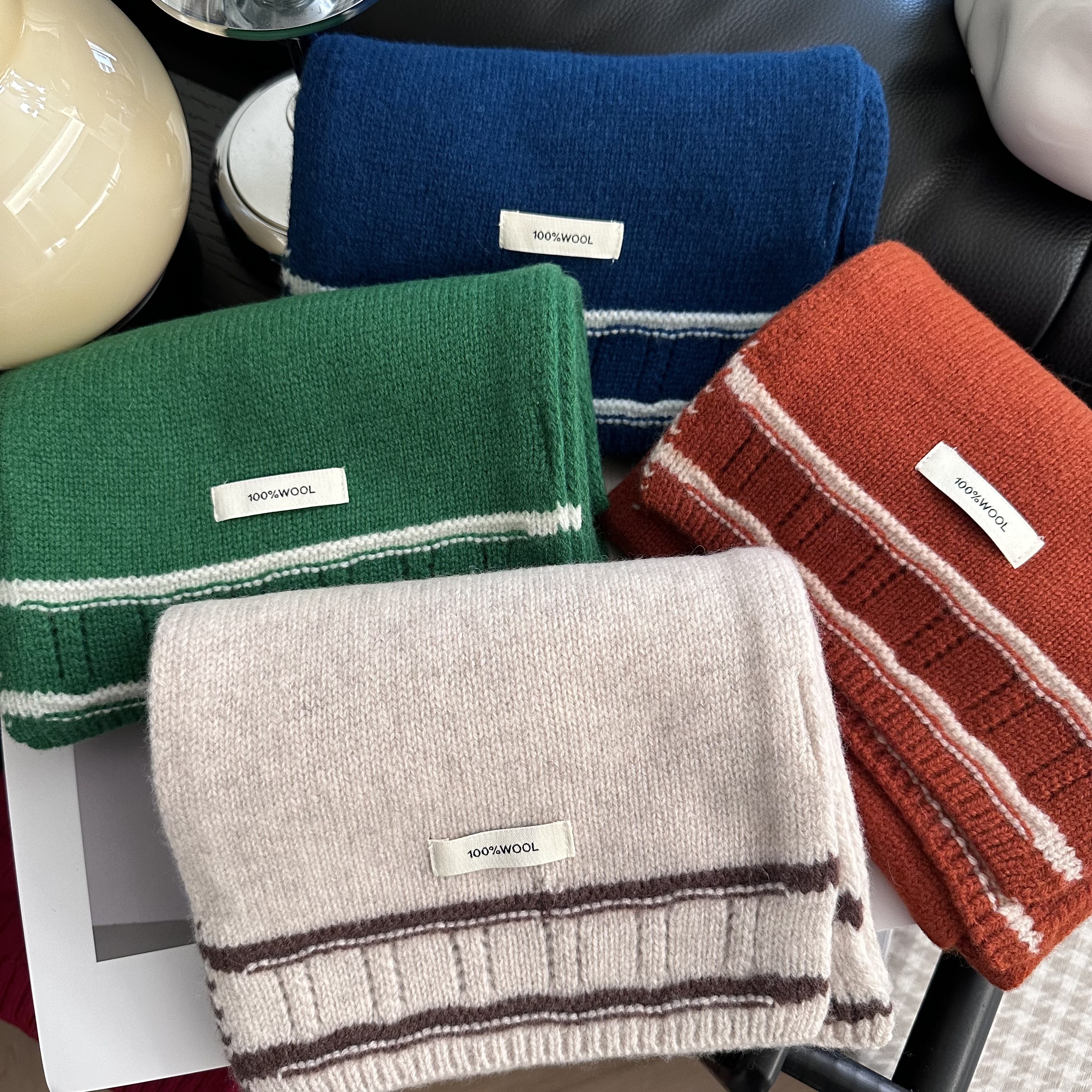 100%澳洲羊毛围巾女冬季纯色条纹拼接针织保暖送礼中性情侣围脖男