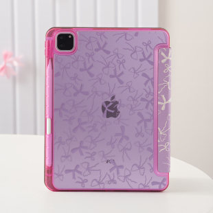 pro带笔槽Y 三折air4 10代air11寸 6亚克力防摔硬壳 紫色蝴蝶结适用苹果ipadair7保护套平板电脑壳air6