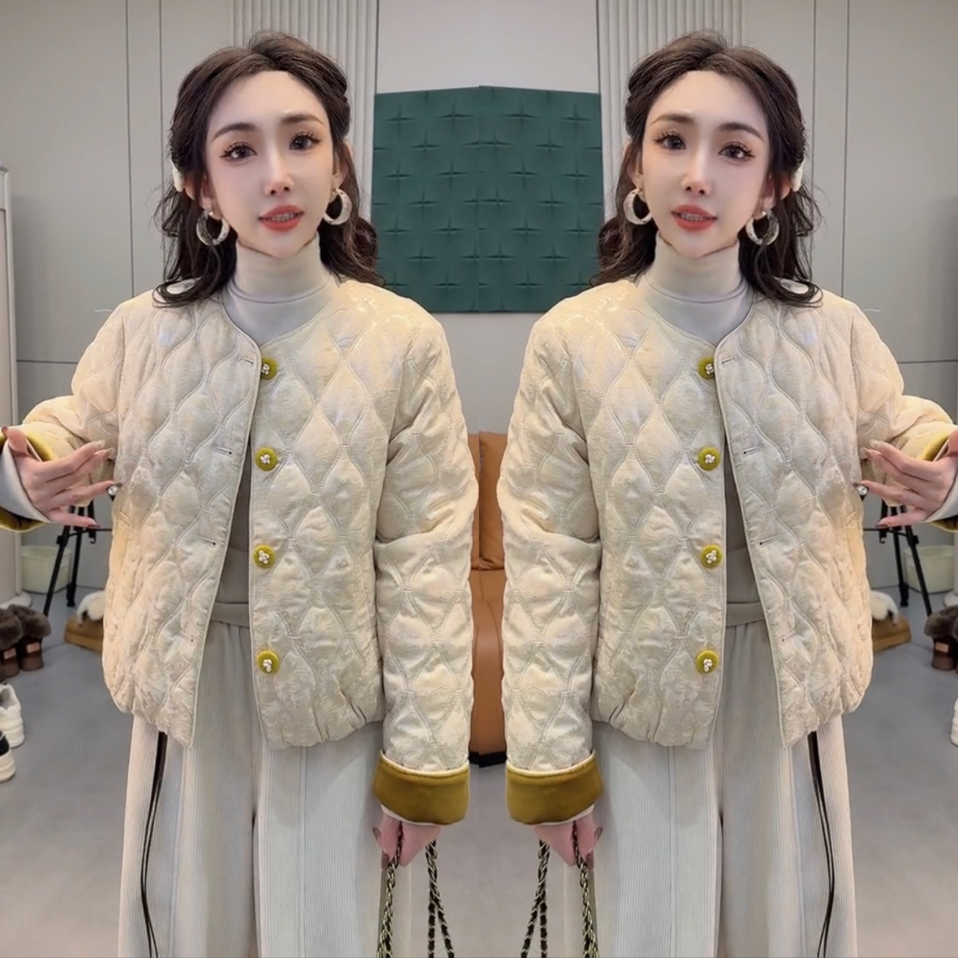 新中式国风菱形格印花羽绒棉服