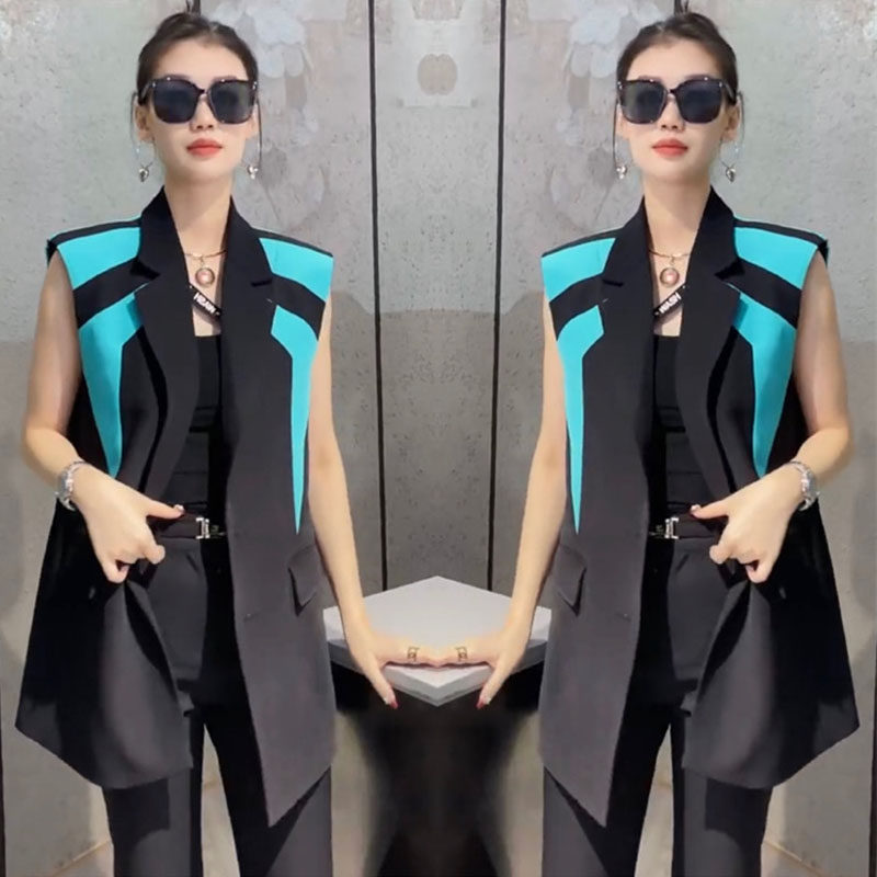 网红爆款时尚西装马甲女2023春季新款欧货洋气名媛风撞色无袖外套
