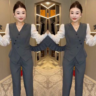 网红爆款时尚两件套女2025春季款职业V领拼接袖木耳边上衣+西服裤