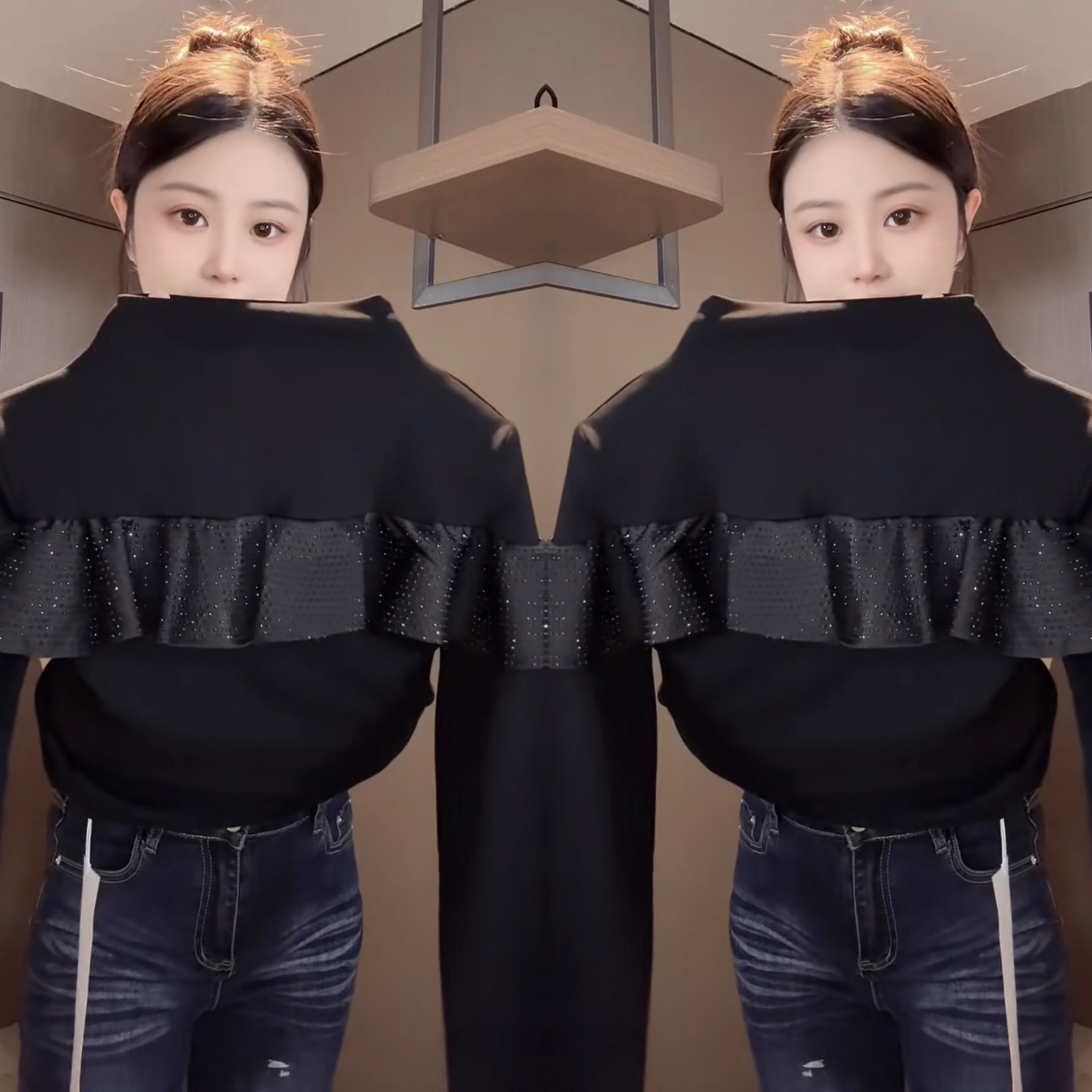 2025年冬季网红新款半高领打底衫女设计感荷叶边拼接百搭显瘦小衫