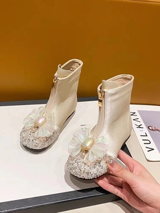 加绒爱莎女孩公主短靴 软底皮靴冬季 女童水晶靴子2025新款 儿童时尚