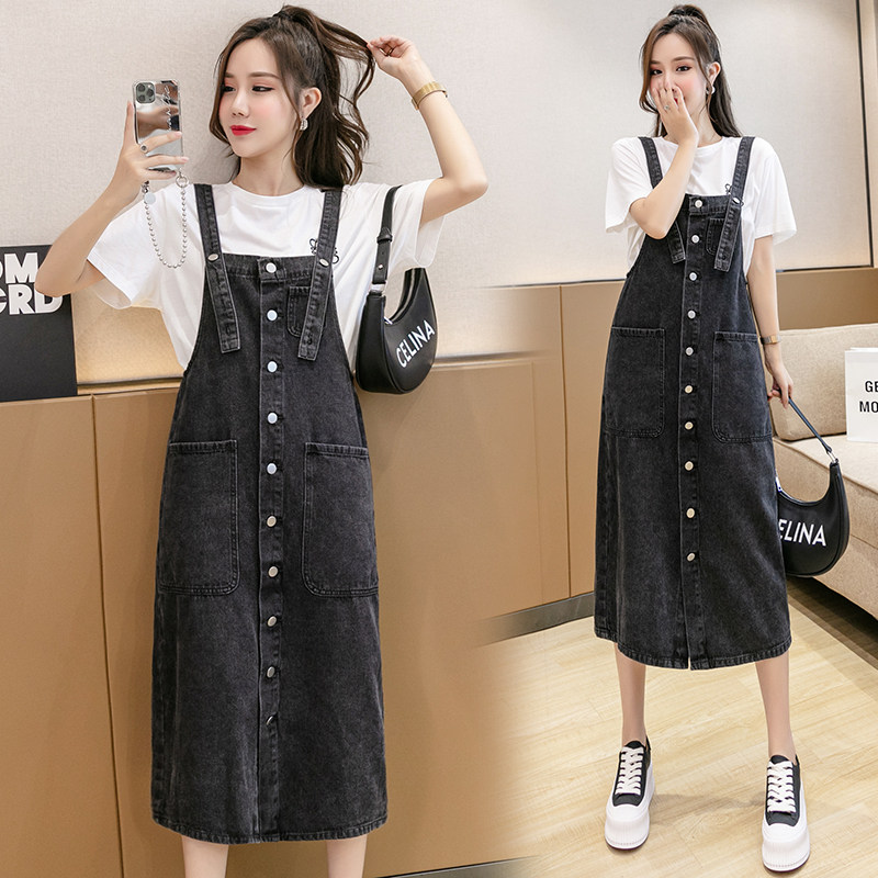 牛仔背带裙女韩版大码宽松吊带裙气质中长款A字裙百搭吊带连衣裙