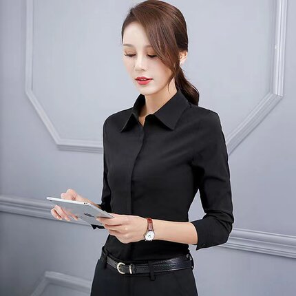 长袖衬衫女2025新款修身暗扣职业正装黑色显瘦气质百搭工作服衬衣