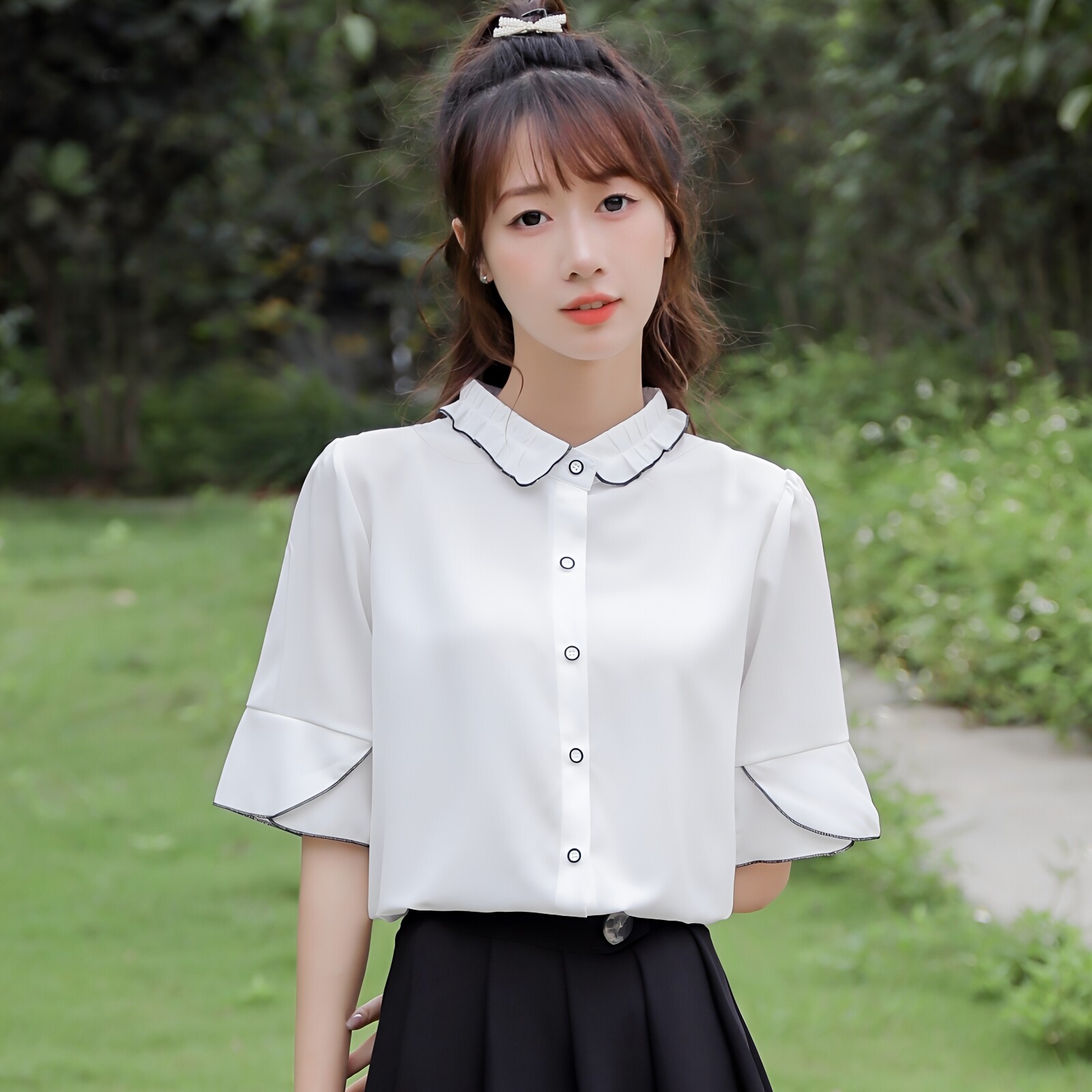 夏季新款雪纺衫白衬衣女韩版小清新学生木耳边上衣娃娃领短袖衬衫