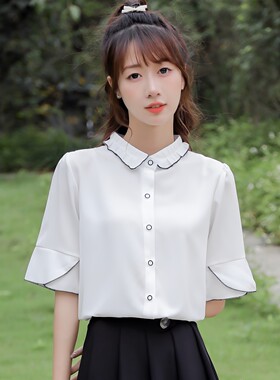 夏季韩版雪纺白衬衫女木耳边短袖