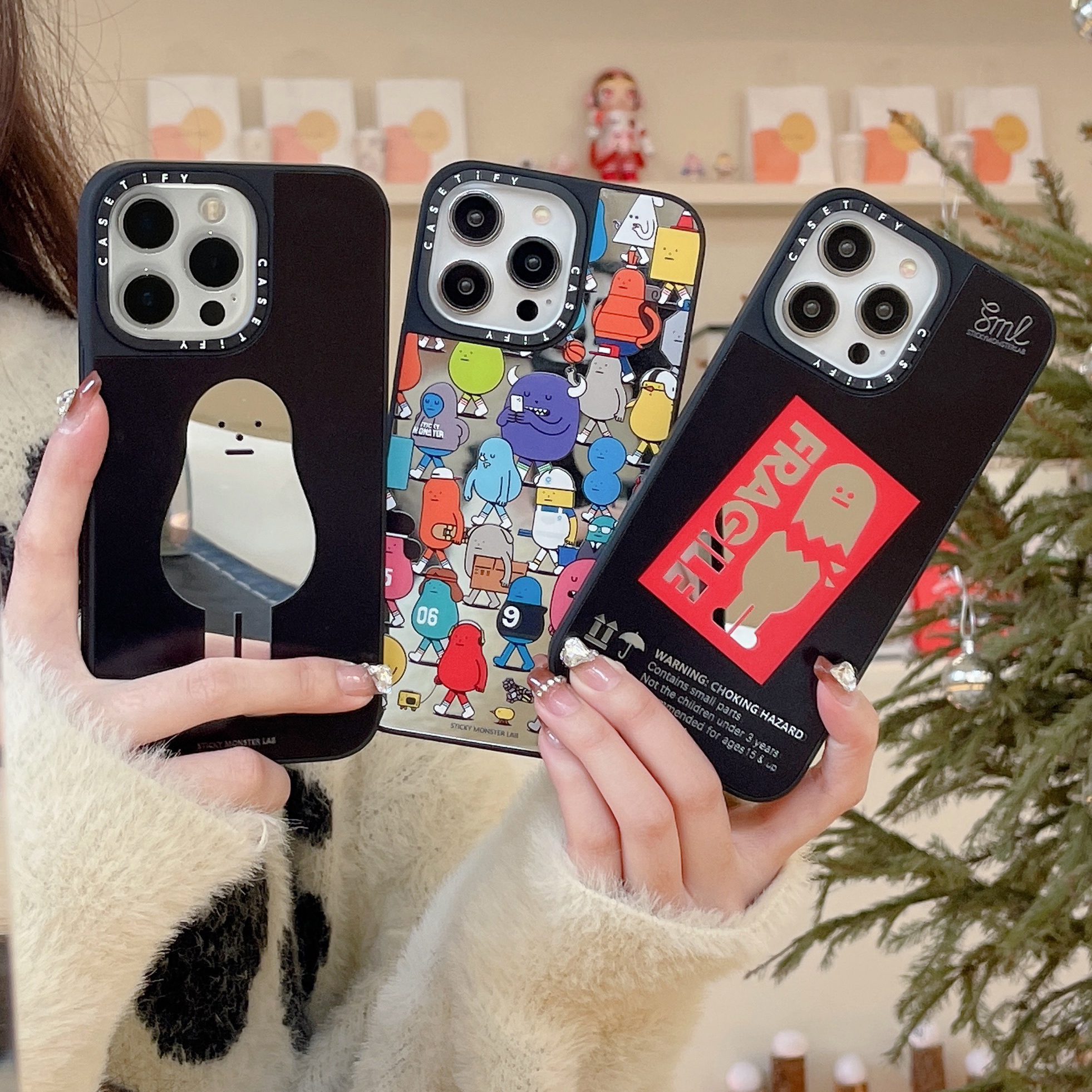 CAS可爱黏黏怪物图集镜面适用苹果15Pro新款防摔iPhone14PromaxCASE明星同款12promax潮11/13promax保护套