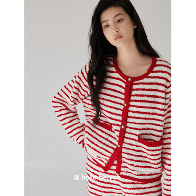 贝妍女士半边绒红色条纹睡衣