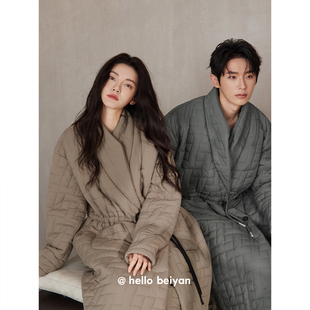 男大码 加厚夹棉睡袍套装 保暖中长棉袄家居服 冬季 贝妍情侣睡衣女款