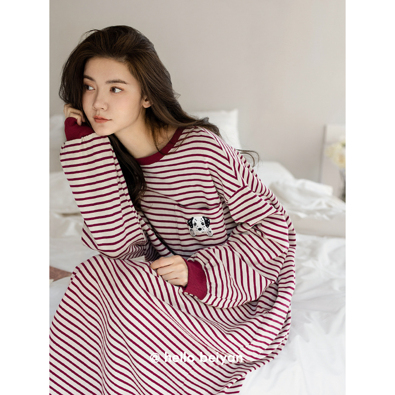 贝妍春秋季柔软棉条纹睡裙可外穿