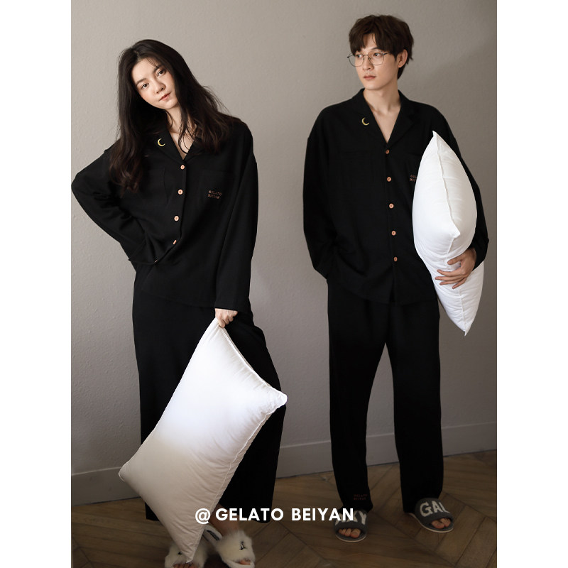 贝妍情侣睡衣女春秋季新款纯棉大码长袖可外穿男士开衫家居服套装