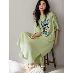 纯棉长款 女士睡衣简约可外穿猫咪绿色连衣裙大码 贝妍短袖 睡裙夏季