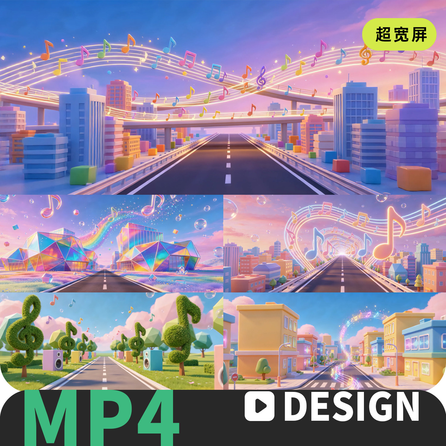 3D卡通音乐城市五线谱流动音符穿行表演出晚会大屏背景VJ视频素材