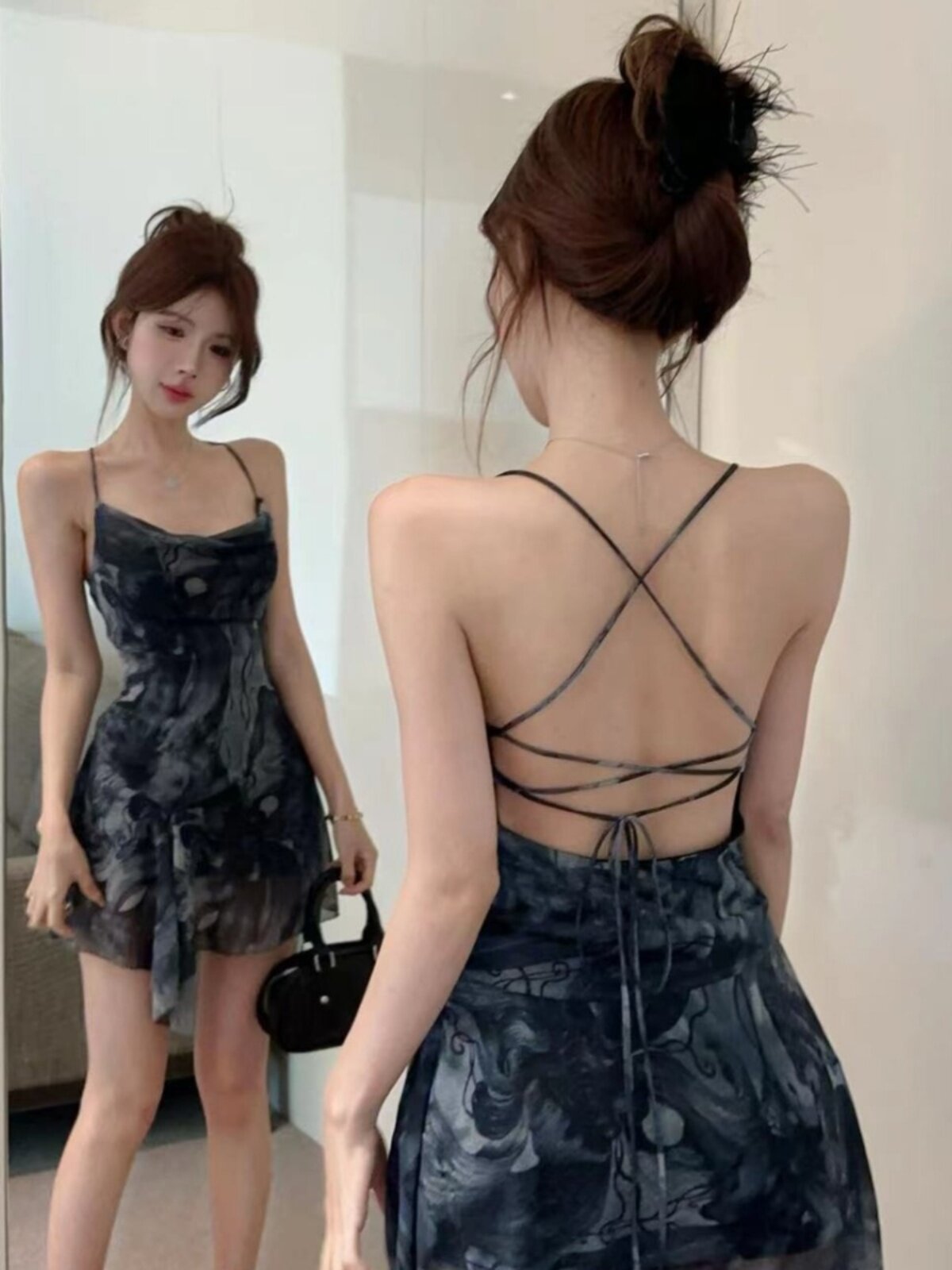 여름 뜨거운 여자 스타일 디자인 크로스 백리스 불규칙한 인쇄 서스펜더 드레스 여성 긴팔 목도리 투피스 세트