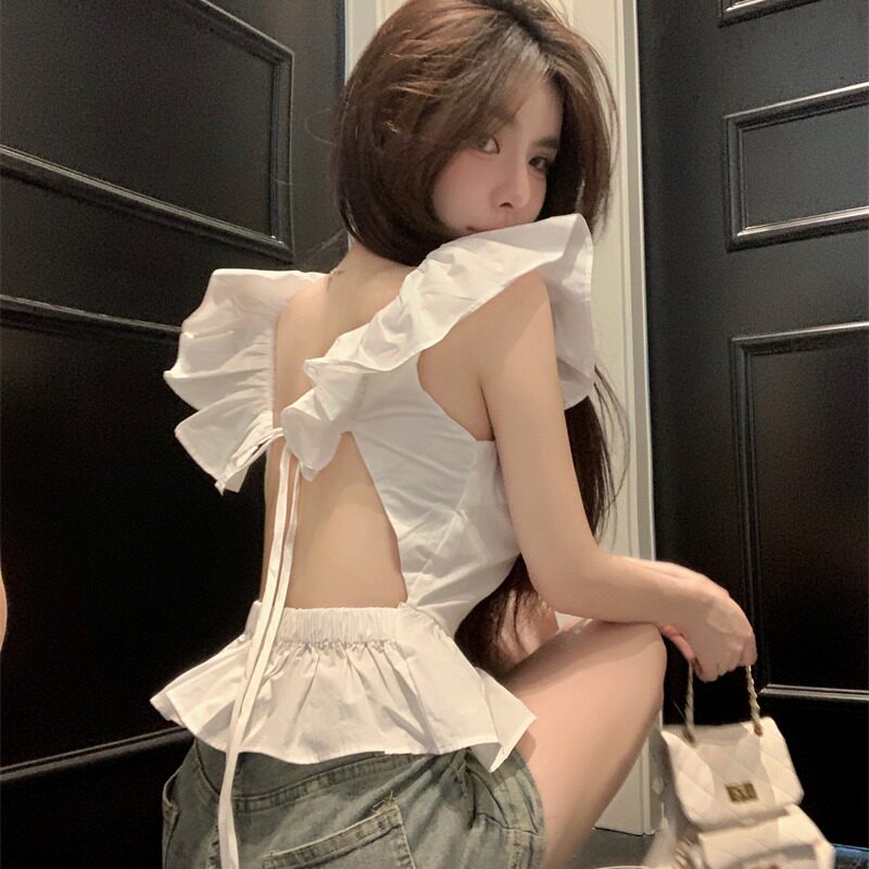 BABES TIE WAIST RUFFLES BACKLESS SMALL FLY SLEEVE VEST V-NECK SHIRT WOMENS SUMMER SEXY SHORT SLEEVELESS TOP
