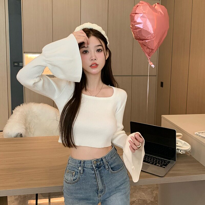 FLARED SLEEVE SWEATER WOMENS SPRING DRESS PURE LUST SWEET BABES SEXY SOFT GLUTINOUS HIGH-WAISTED CROPPED TOP SQUARE NECK KNITTED BASE LAYER